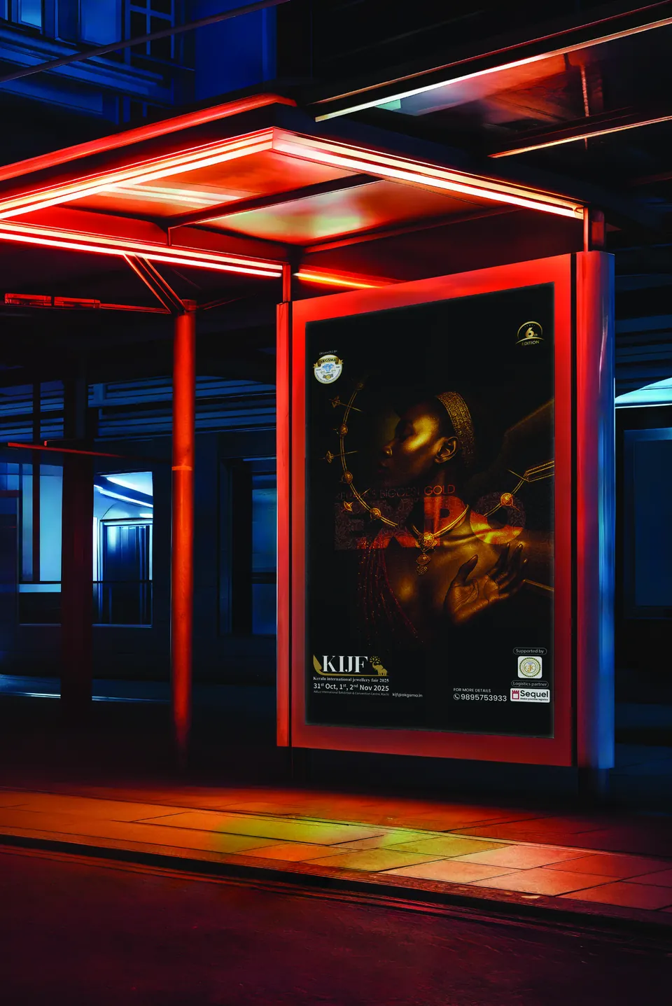 KIJF 2025 poster installed in a lit bus shelter at night