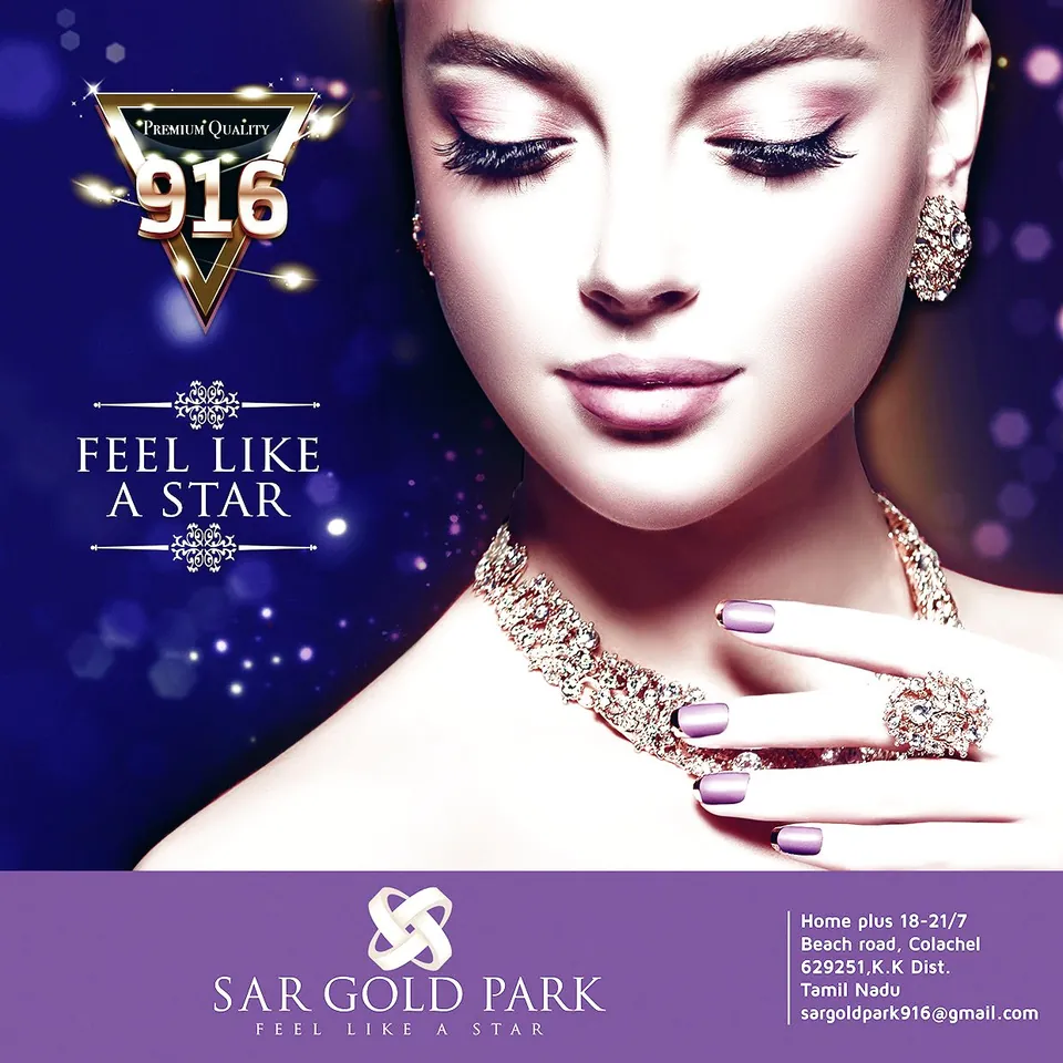 SAR Gold Park key visual: a model in gold jewellery on violet, “Feel like a star”