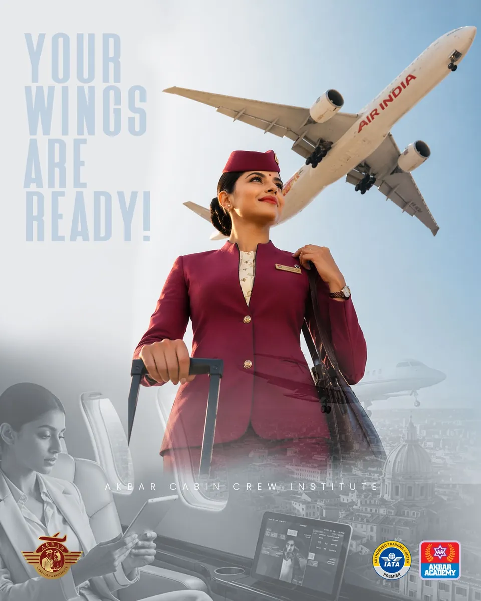 Akbar Cabin Crew Institute poster: a flight attendant and jet, 'Your wings are ready'