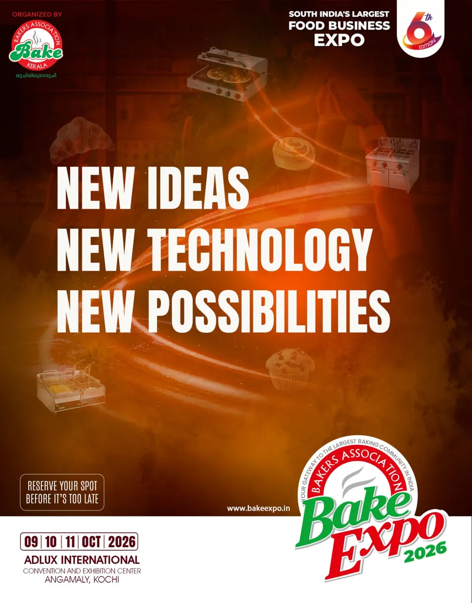 Bake Expo 2026 poster: 'New ideas, new technology, new possibilities' on dark orange