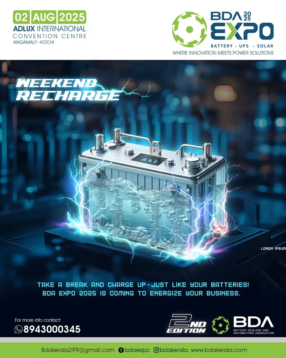 BDA Expo poster: a glowing battery in an ice-blue landscape, 'Weekend recharge'