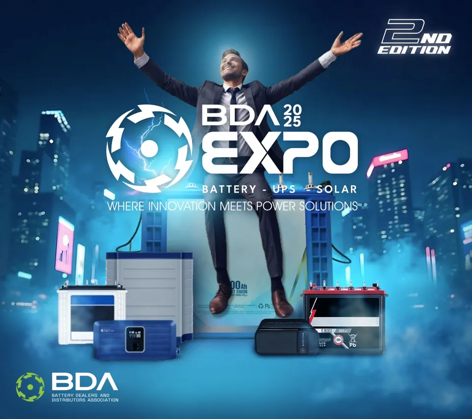 BDA Expo poster: a man leaping with arms wide above batteries and UPS units