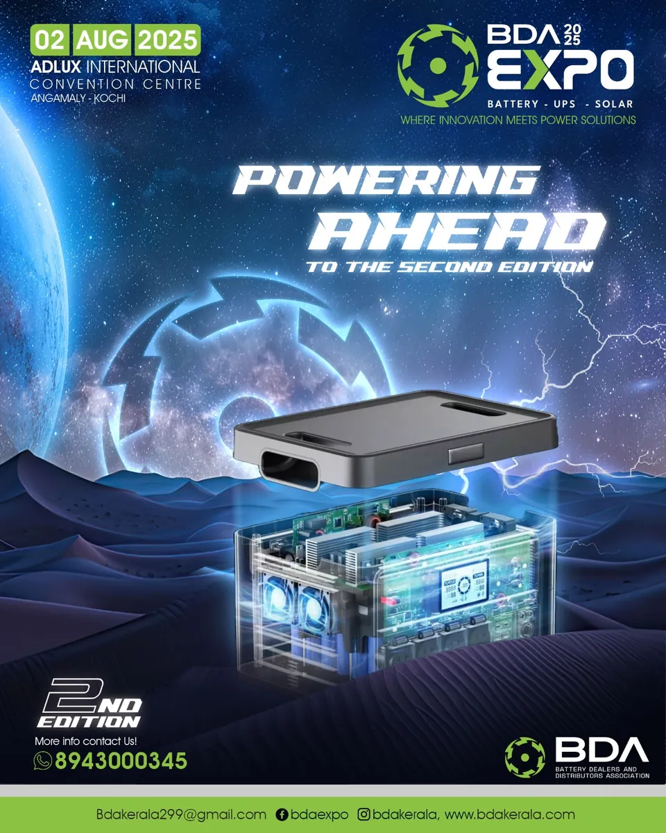 BDA Expo poster: a battery wrapped in blue electricity, 'Powering ahead to the second edition'