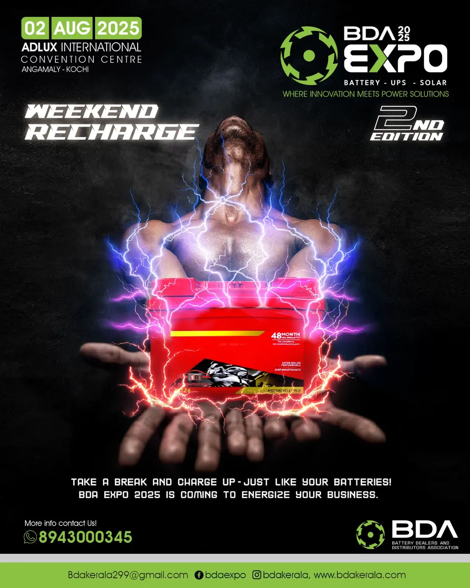 BDA Expo poster: hands holding a battery that bursts with red energy, 'Weekend recharge'