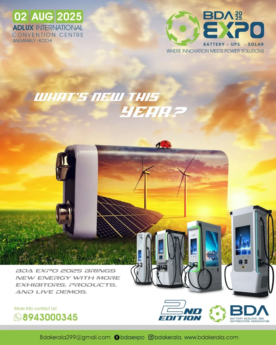 BDA Expo poster: solar panels and chargers at sunset, 'What's new this year?'