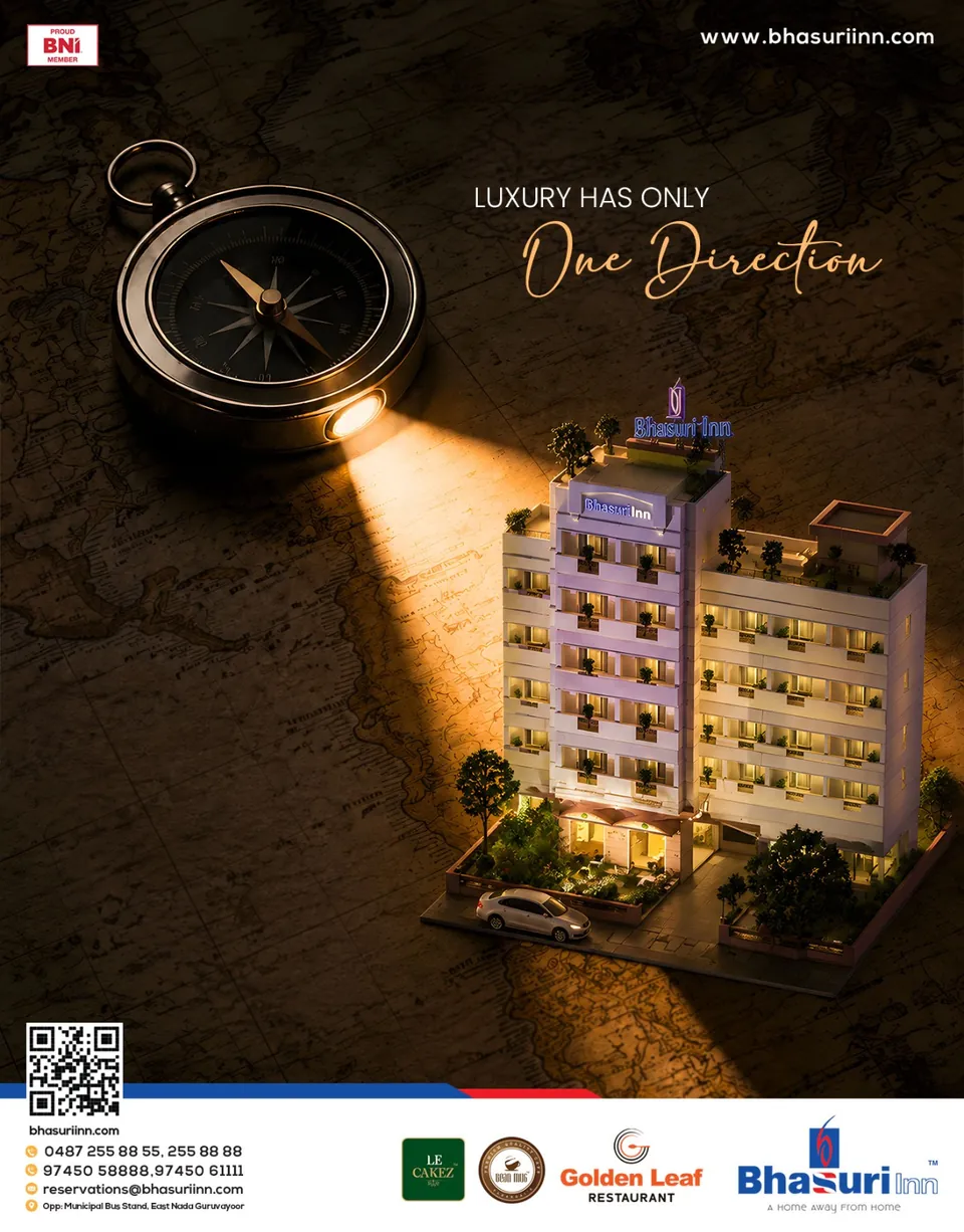 Bhasuri Inn poster: a compass lighting the hotel, 'Luxury has only one direction'
