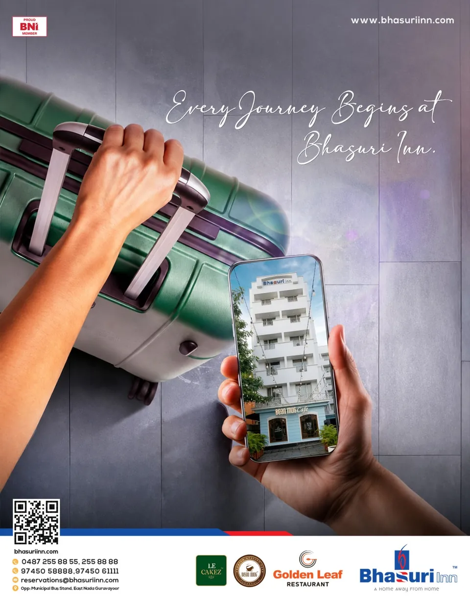 Bhasuri Inn poster: a hand holding a suitcase and phone, 'Every journey begins at Bhasuri Inn'