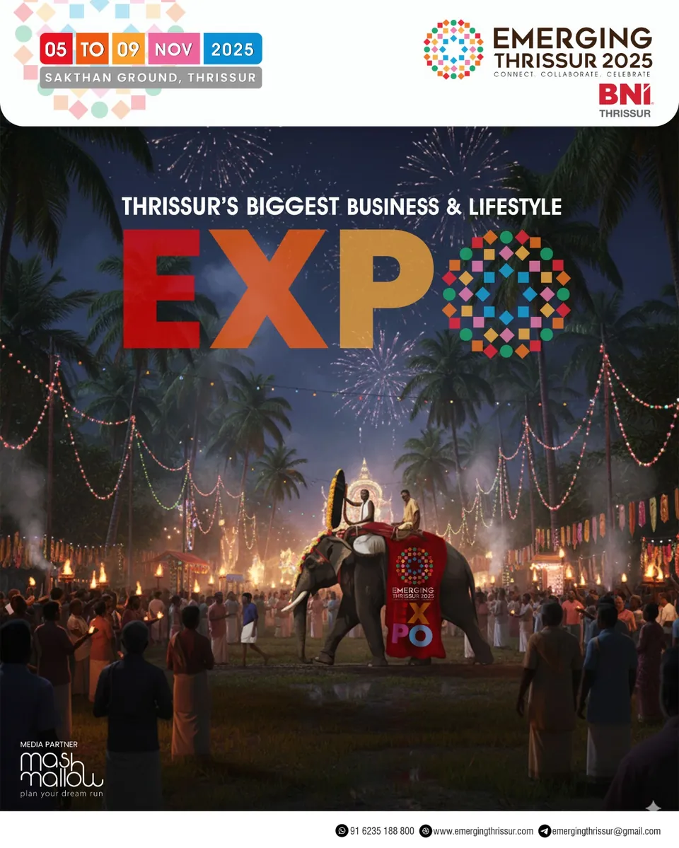 Emerging Thrissur 2025 poster: a caparisoned elephant and festival crowd beneath a huge EXPO sign