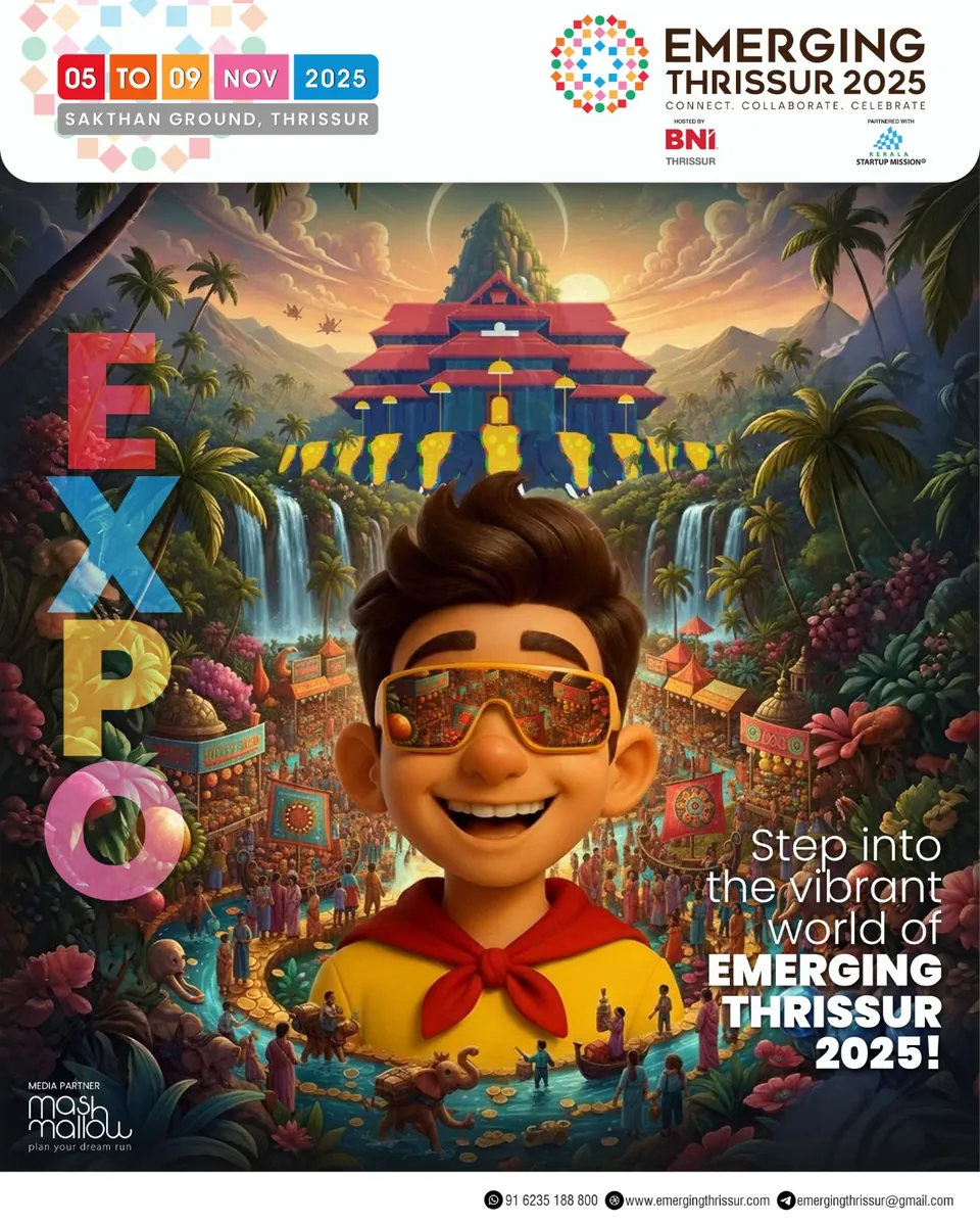 Emerging Thrissur 2025 poster: the mascot in goggles over a vivid temple scene, 'Step into the vibrant world of Emerging Thrissur 2025'