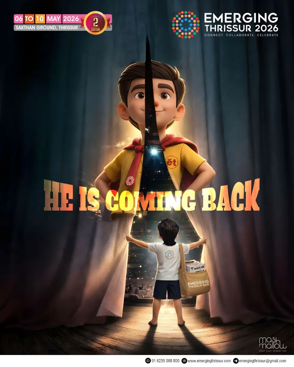 Emerging Thrissur 2026 poster: a boy facing the mascot's shadow through theatre curtains, 'He is coming back'