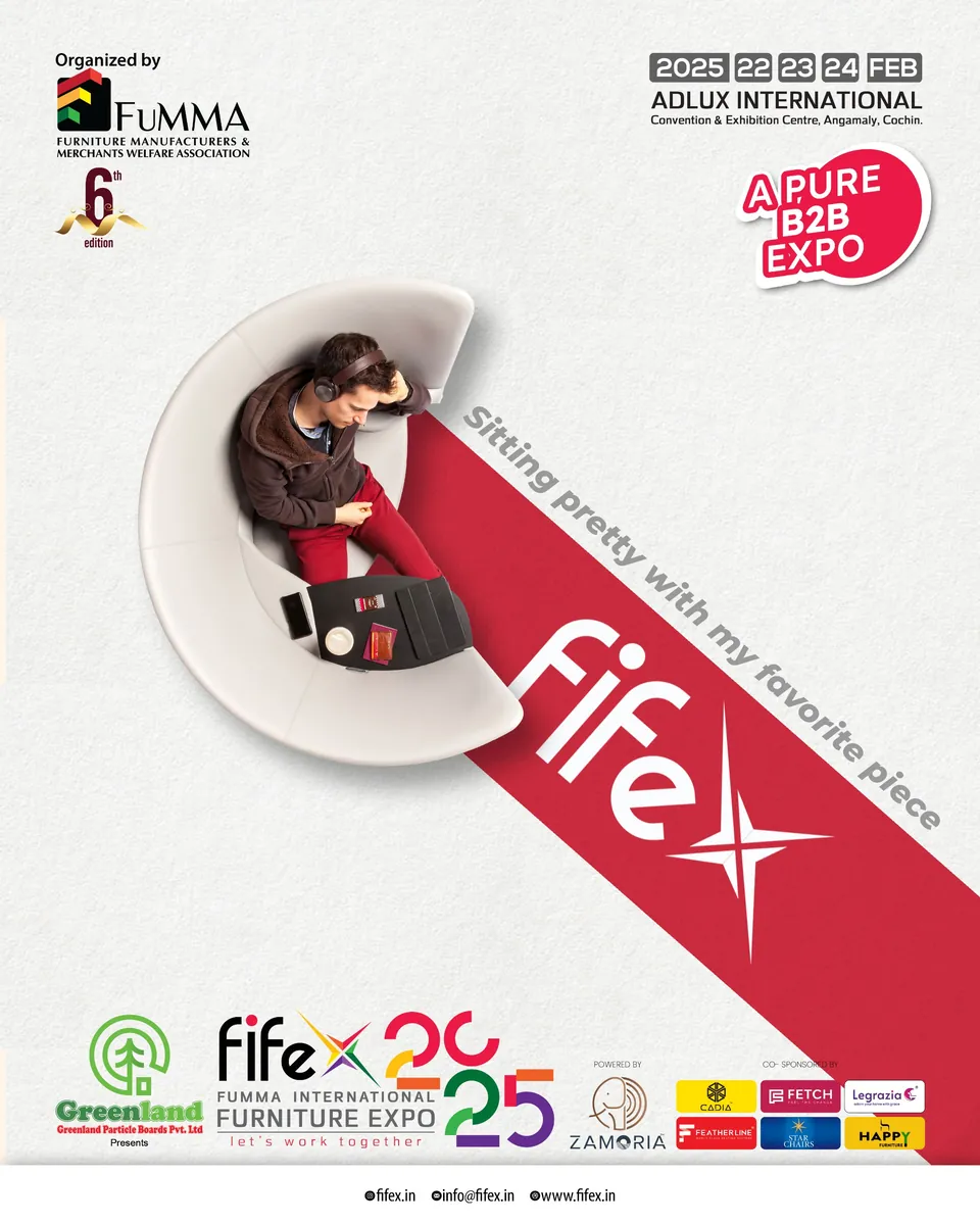 FIFEX 2025 poster: a woman seated in a red chair on a red ribbon, 'Sitting pretty with my favourite piece'