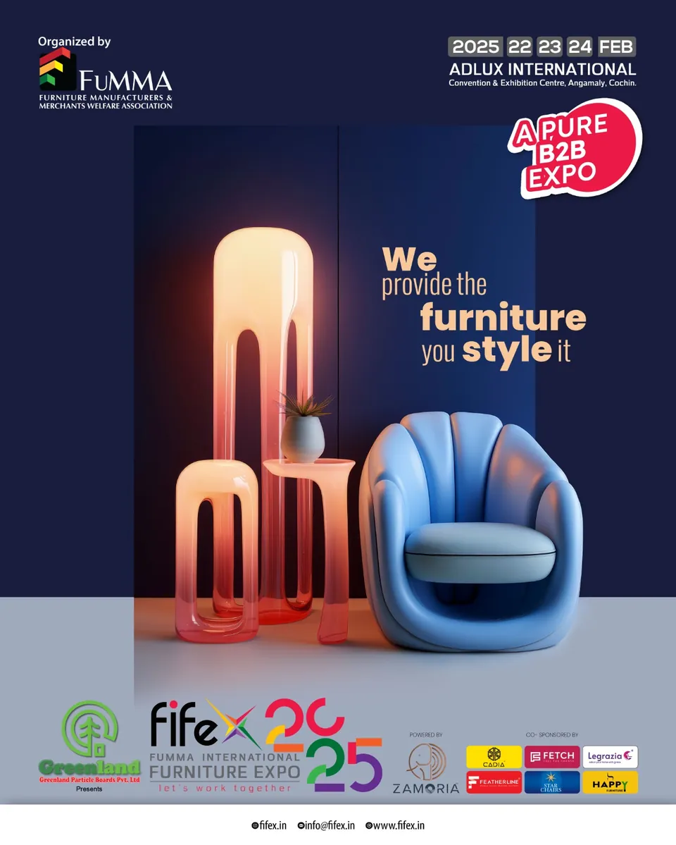 FIFEX 2025 poster: sculptural pink and blue chairs, 'We provide the furniture, you style it'