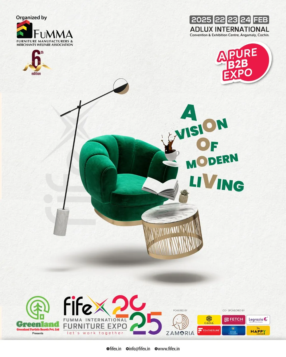 FIFEX 2025 poster: a green swivel chair on white, 'A vision of modern living'