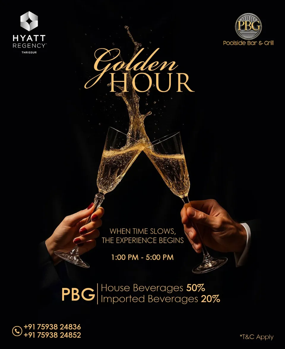 Hyatt Regency Thrissur 'Golden Hour' poster: two champagne glasses clinking on black