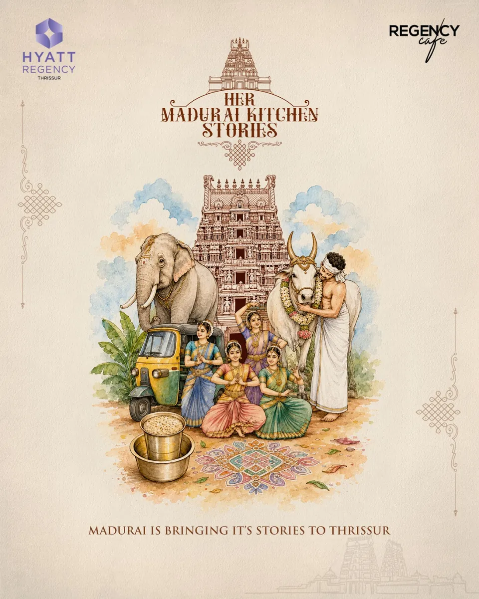 Hyatt Regency Thrissur 'Madurai Kitchen Stories' poster: an illustrated Madurai temple scene