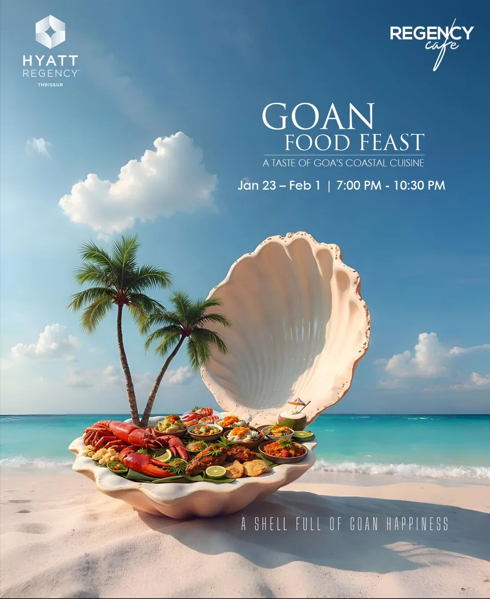 Hyatt Regency Thrissur 'Goan Food Feast' poster: a seafood platter in a giant shell on a tropical beach