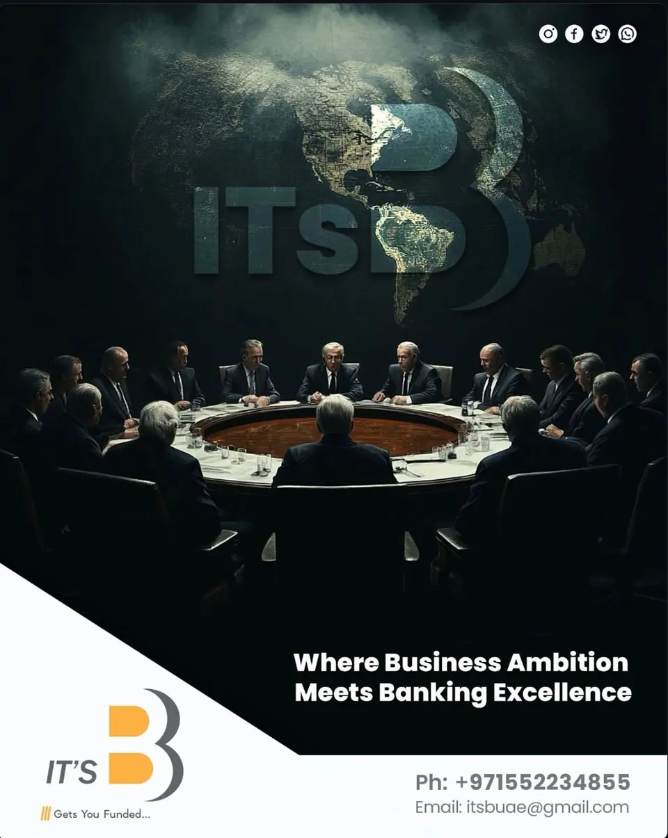 It's B poster: business leaders at a round table under the It's B logo, 'Where business ambition meets banking excellence'