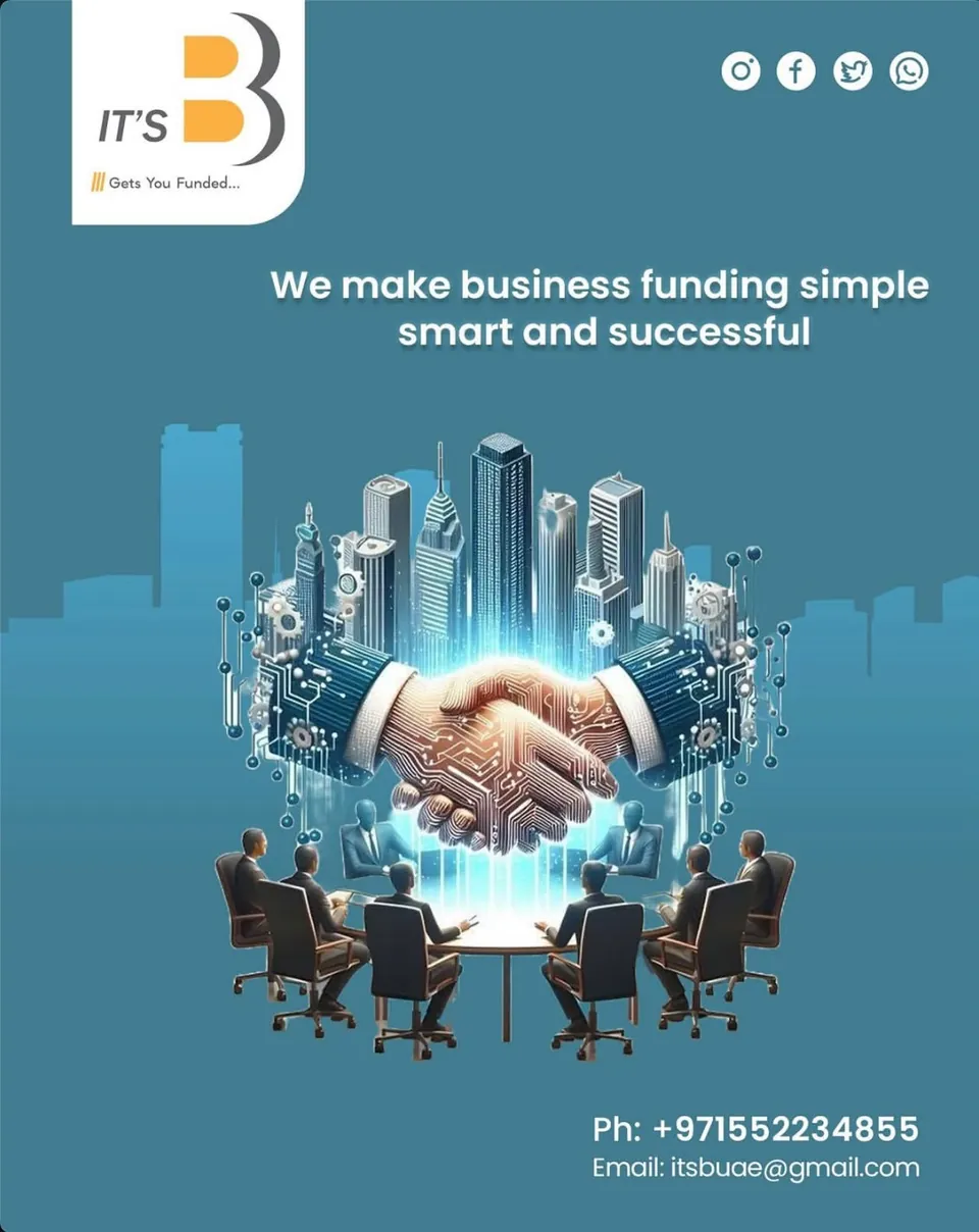 It's B poster: a handshake above a city skyline, 'We make business funding simple, smart and successful'