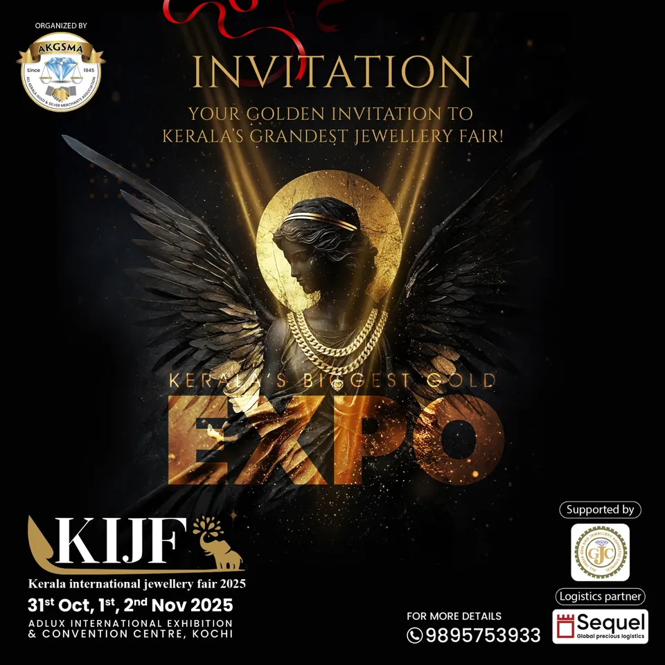 KIJF 2025 invitation poster: a gold crown in darkness with the Kerala International Jewellery Fair logo