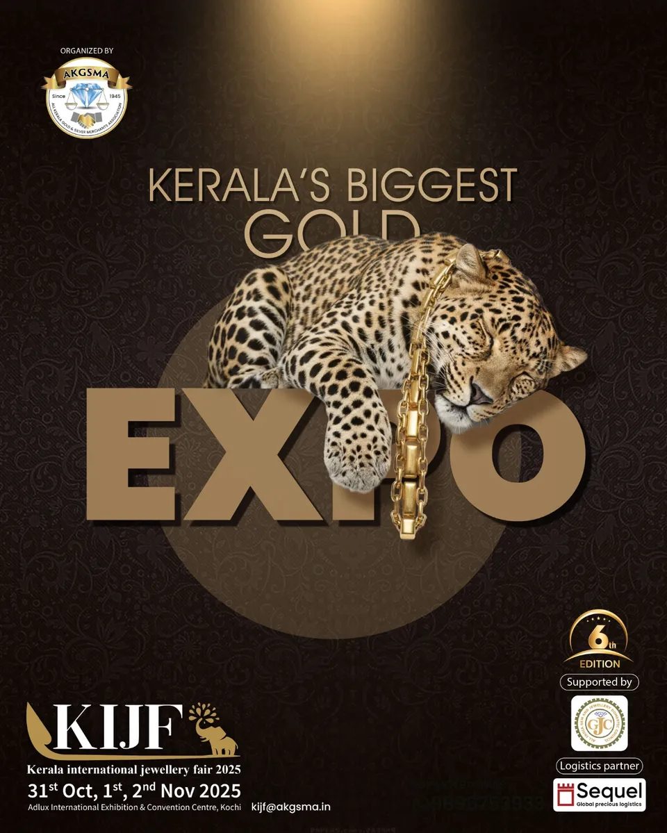 KIJF 2025 poster: a leopard resting on a gold necklace across the word EXPO, 'Kerala's biggest gold expo'