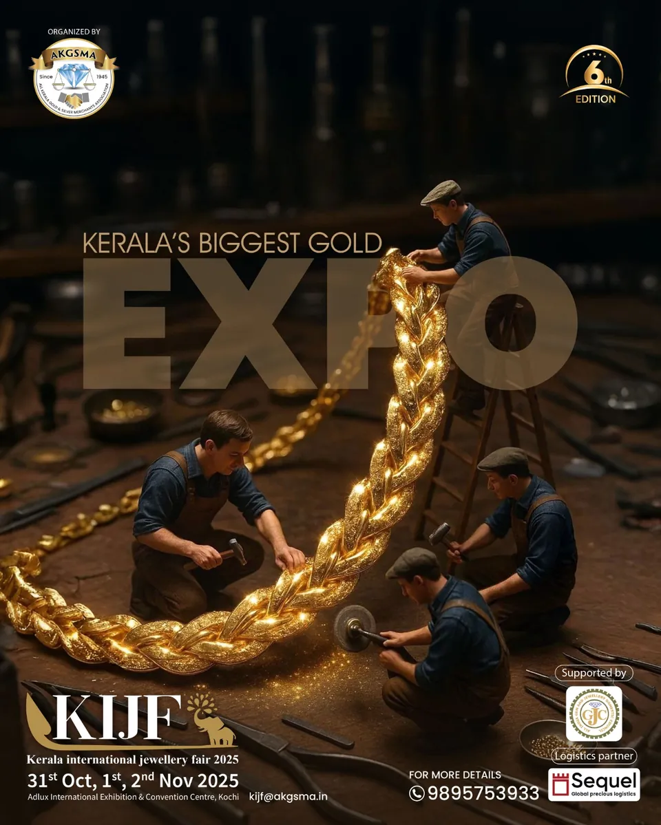 KIJF 2025 poster: craftsmen hauling a giant gold chain through the letters of EXPO