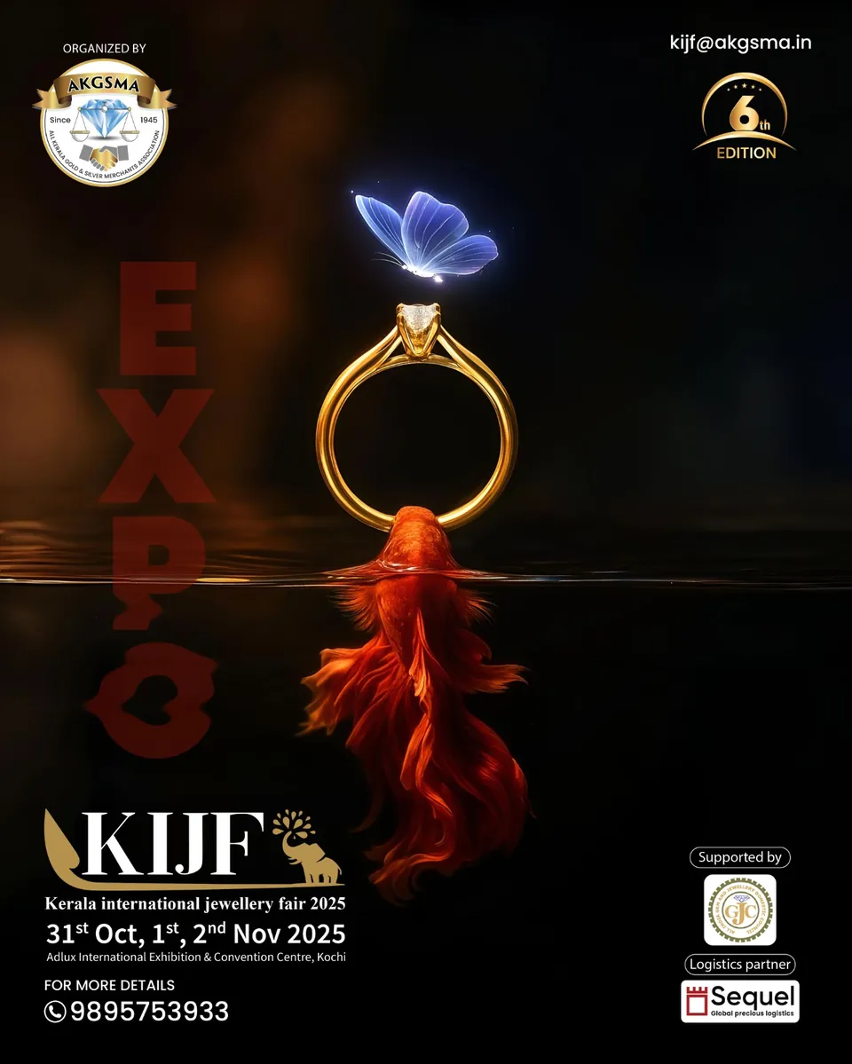 KIJF 2025 poster: a gold ring on a red silk fish tail with a blue butterfly, the word EXPO in red