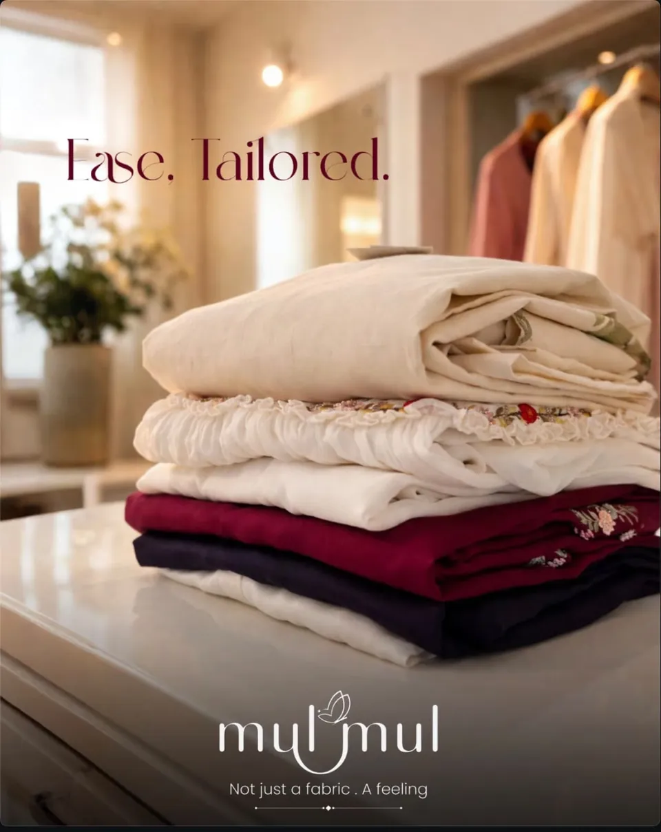 Mulmul poster: folded fabrics stacked by a window, 'Ease, tailored'