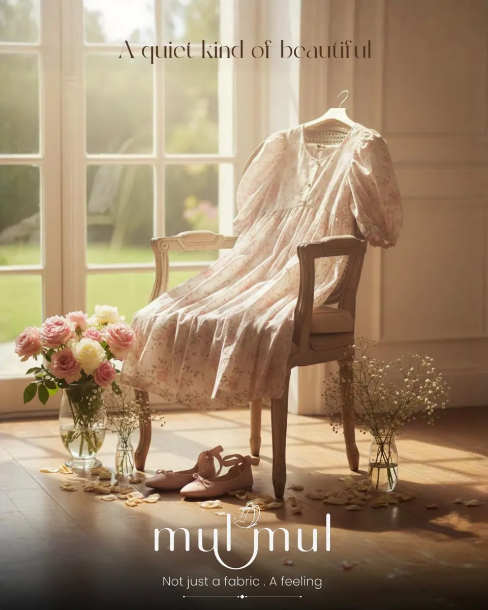 Mulmul poster: a cream shawl on a chair by flowers, 'A quiet kind of beautiful'