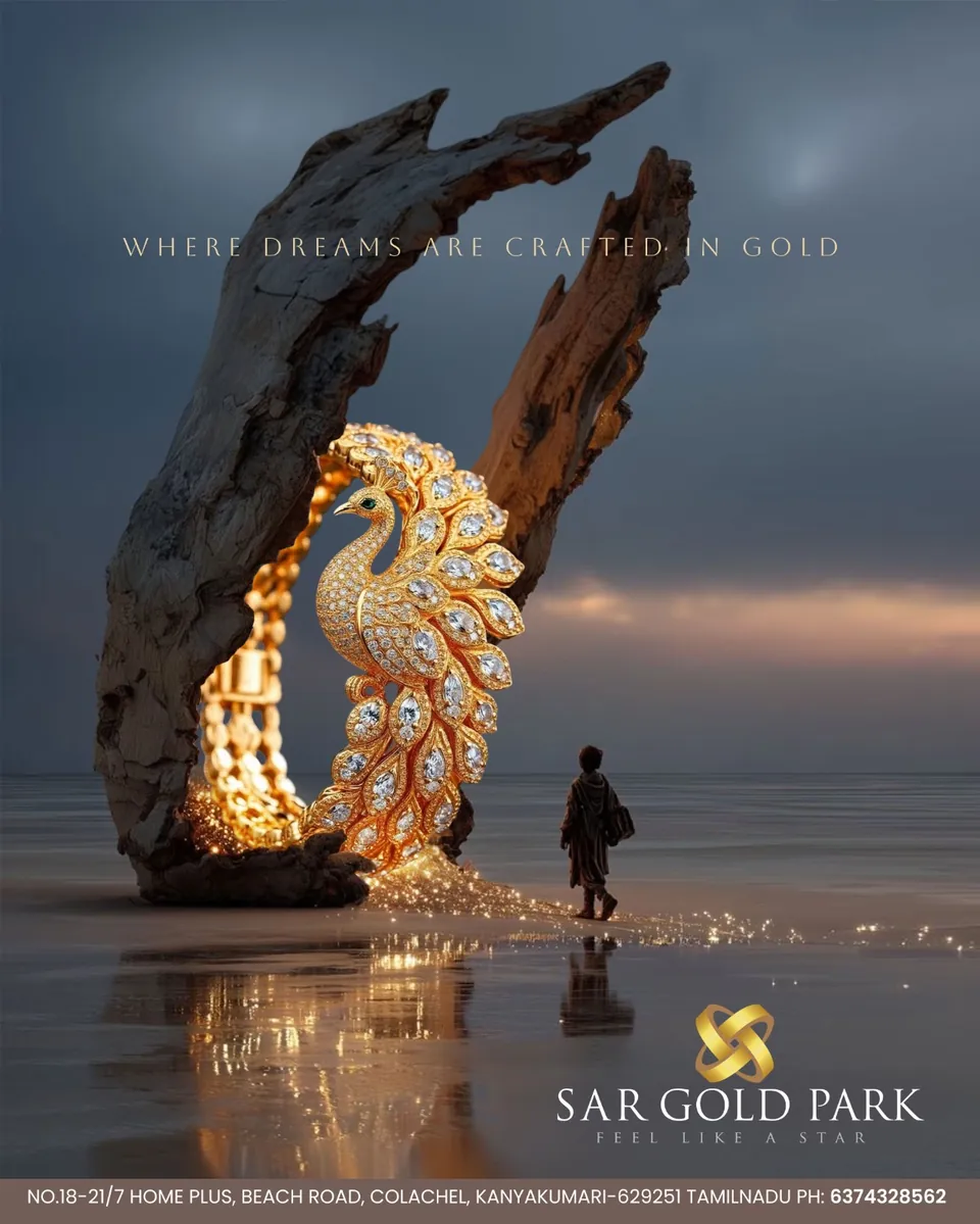 SAR Gold Park poster: a gold jewellery sculpture on a beach at dusk, with a lone figure walking by