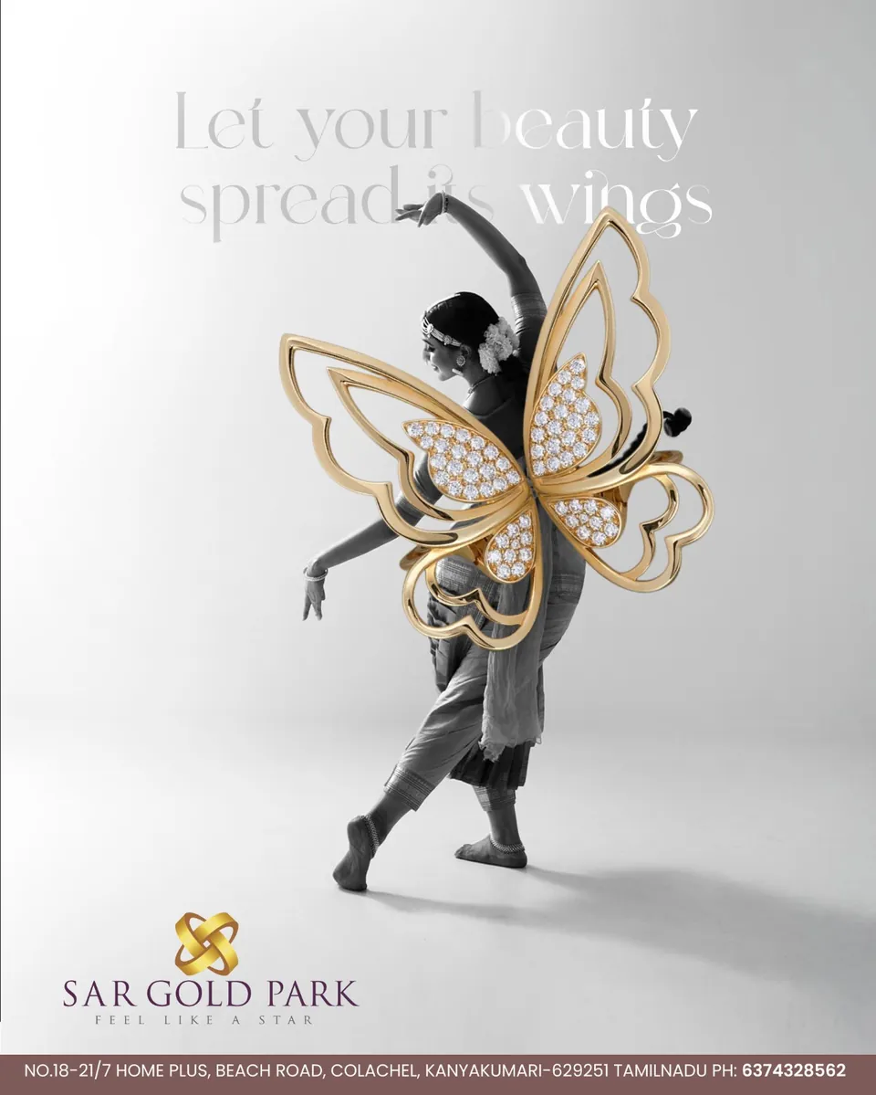 SAR Gold Park poster: a dancer leaping beside a giant gold butterfly brooch, headline 'Let your beauty spread its wings'