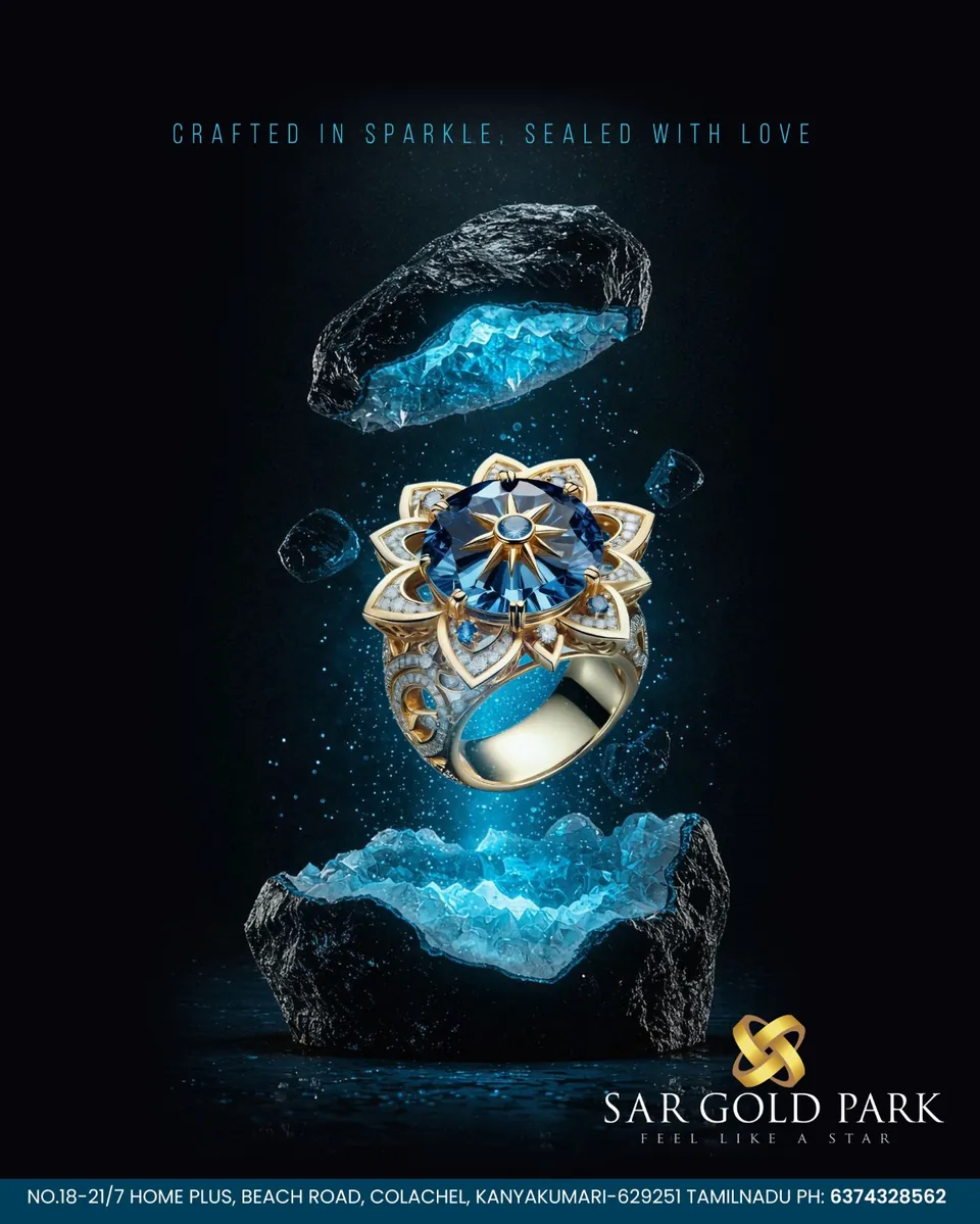 SAR Gold Park poster: a sapphire and gold ring emerging from glowing blue crystal