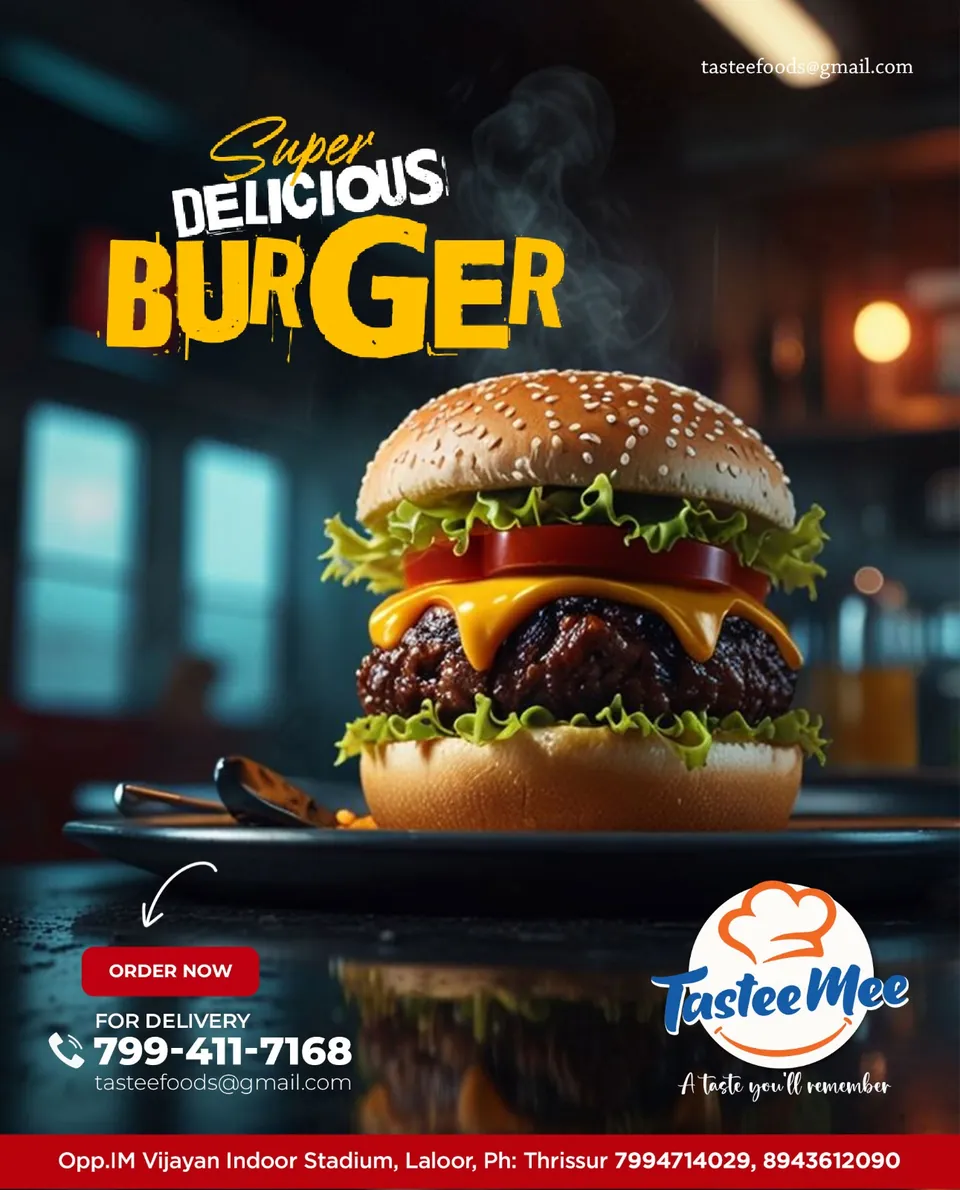 TasteeMee poster: a stacked burger under the headline 'Super delicious burger'