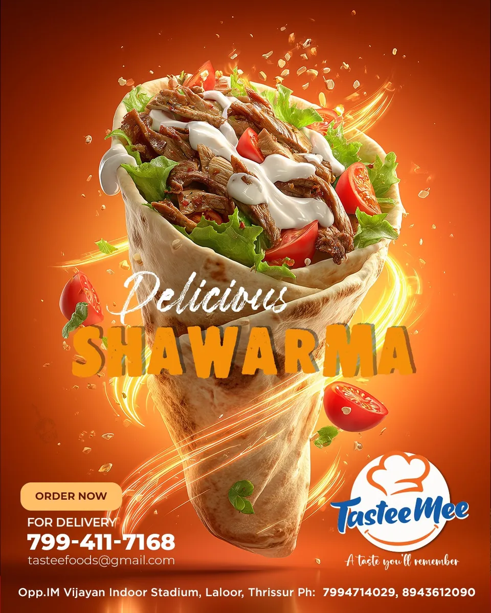 TasteeMee poster: a shawarma wrap bursting with filling, 'Delicious shawarma'