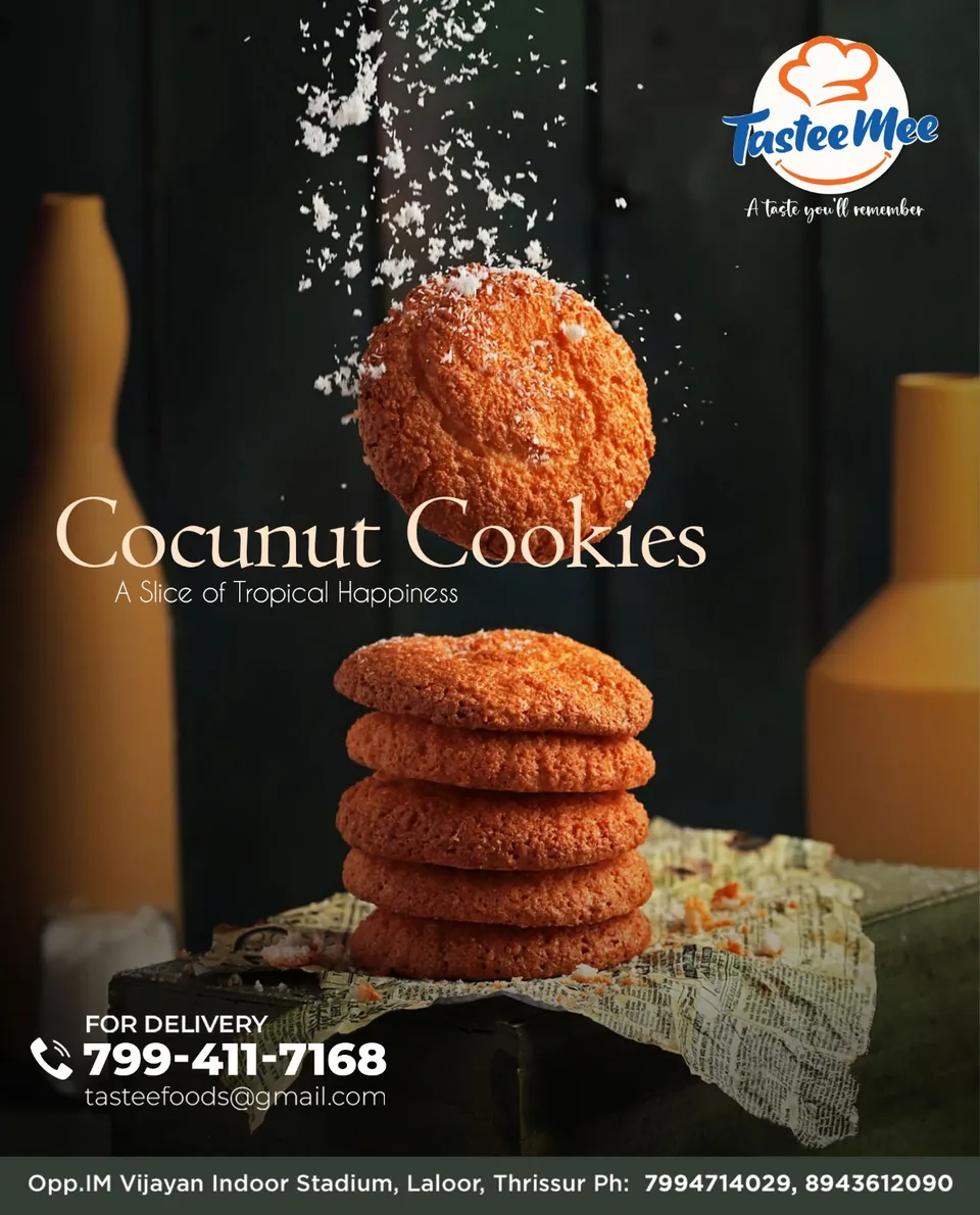 TasteeMee poster: a stack of coconut cookies with flying crumbs