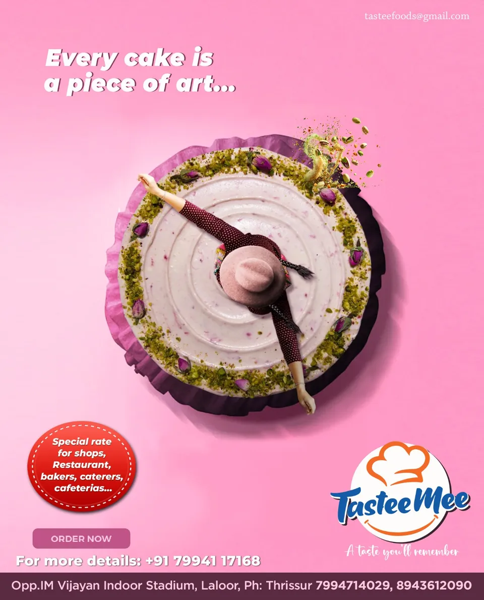 TasteeMee poster: a sliced cake on pink, 'Every cake is a piece of art'