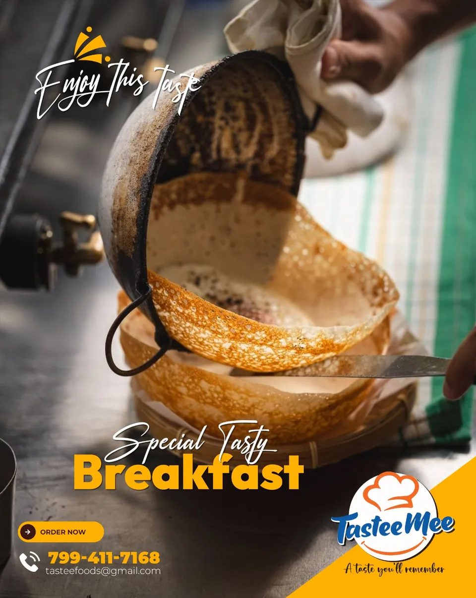 TasteeMee poster: a pan of breakfast being tossed, 'Special tasty breakfast'