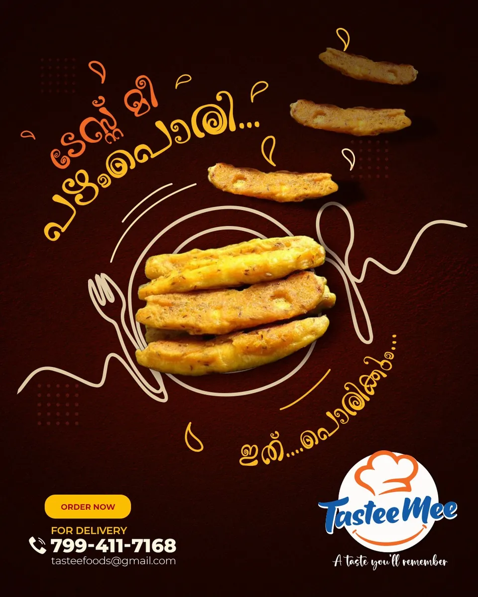 TasteeMee poster: golden fried snacks tumbling with a Malayalam headline