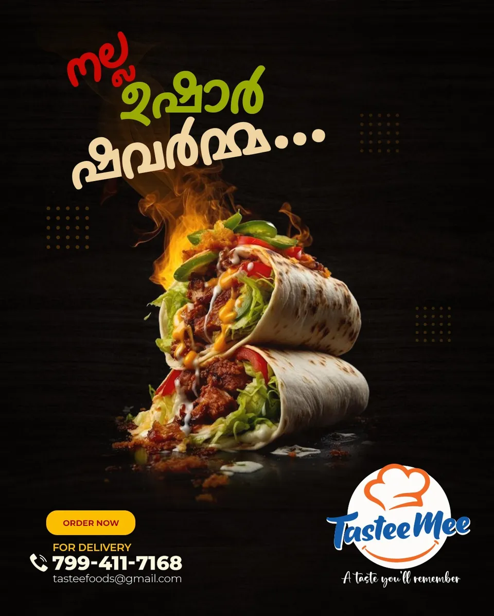 TasteeMee poster: an overflowing shawarma wrap with a Malayalam headline