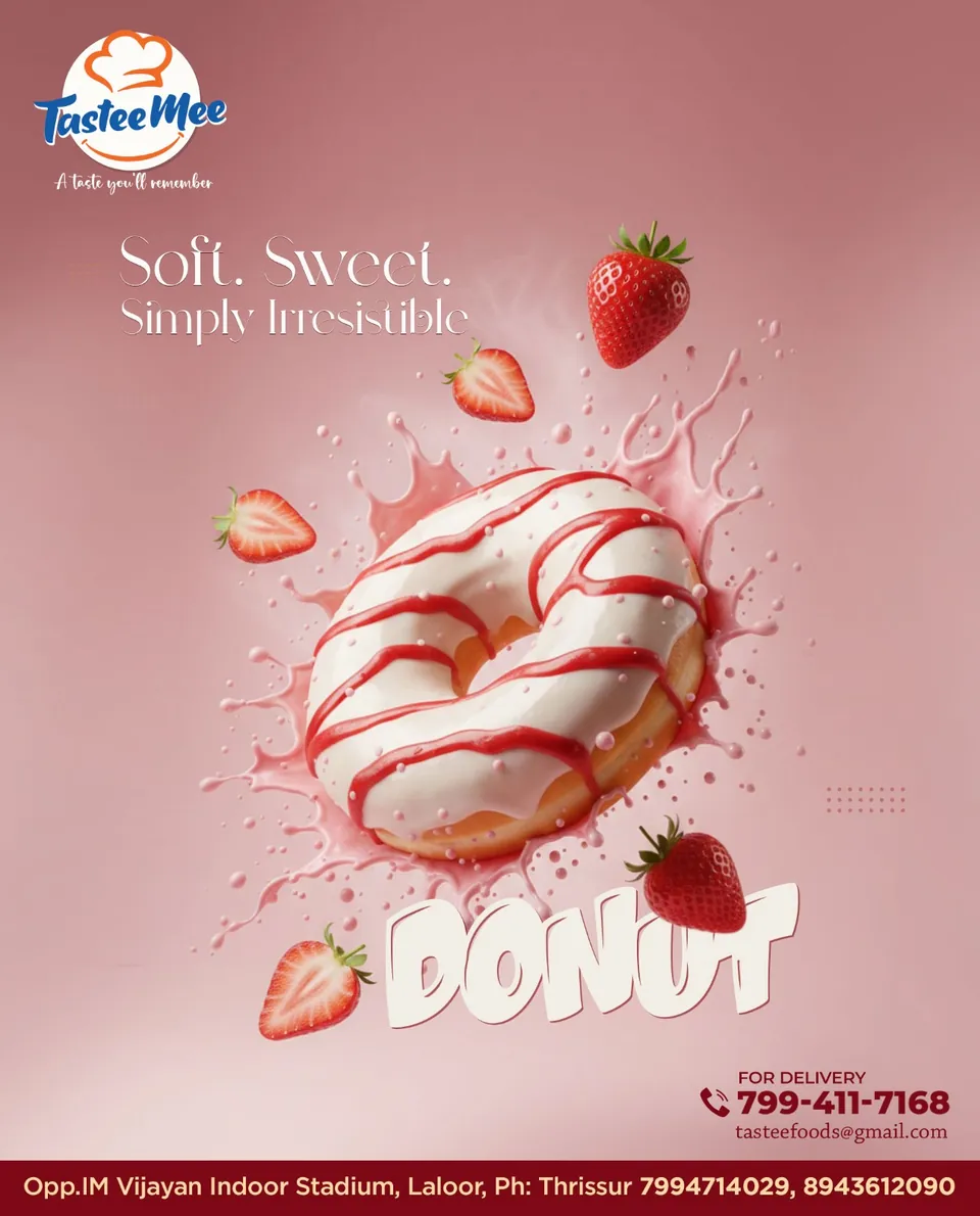 TasteeMee poster: a strawberry-glazed donut splashing on pink