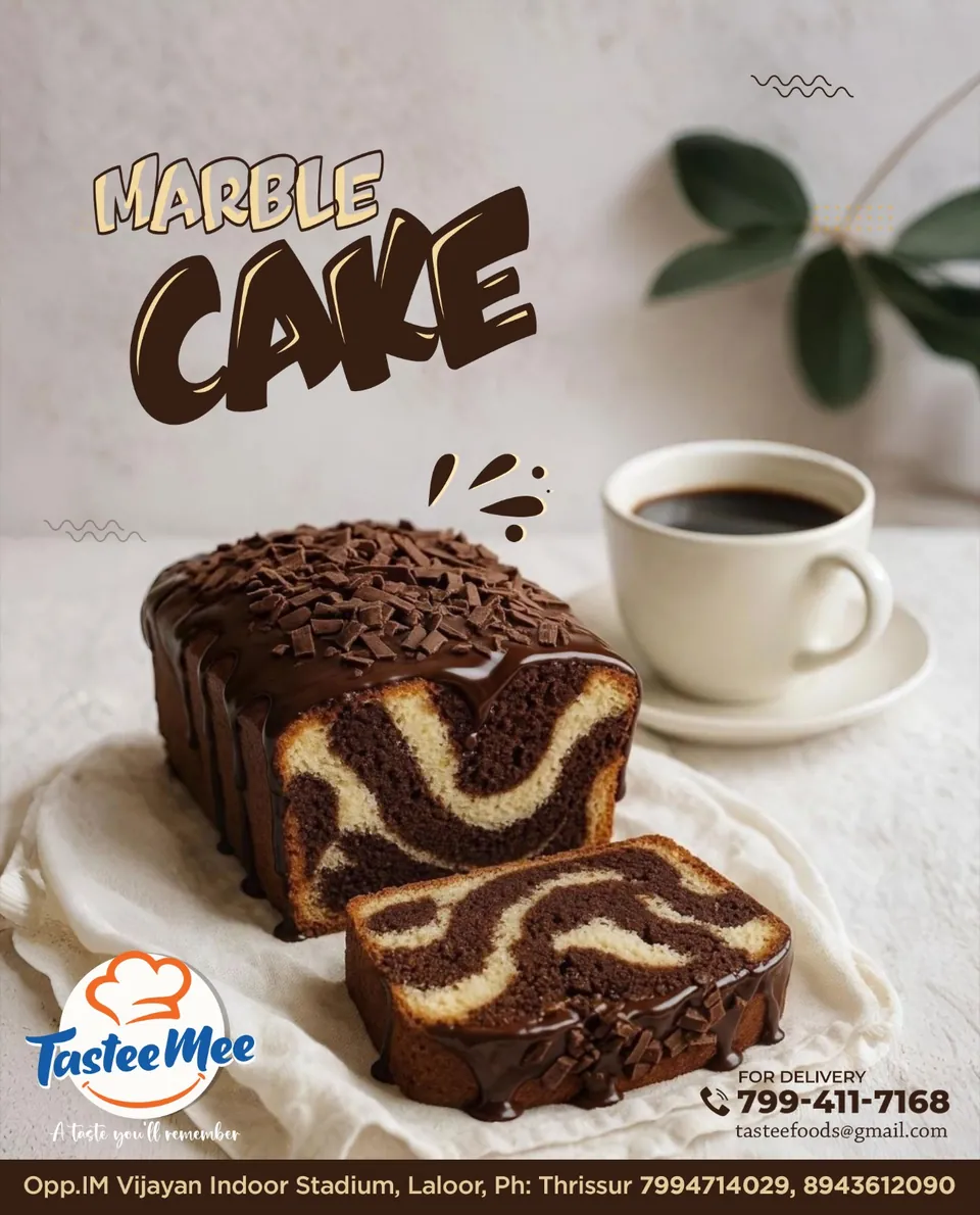 TasteeMee poster: marble cake slices with a cup of coffee