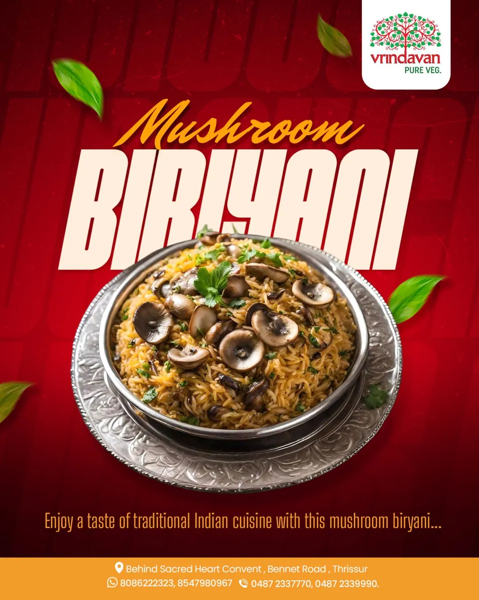 Vrindavan poster: a bowl of mushroom biryani under a bold red headline