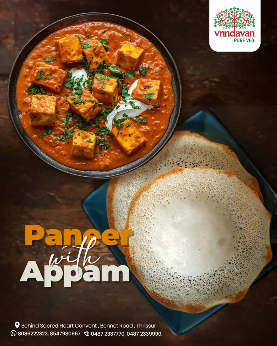Vrindavan poster: paneer curry with appam on a dark background