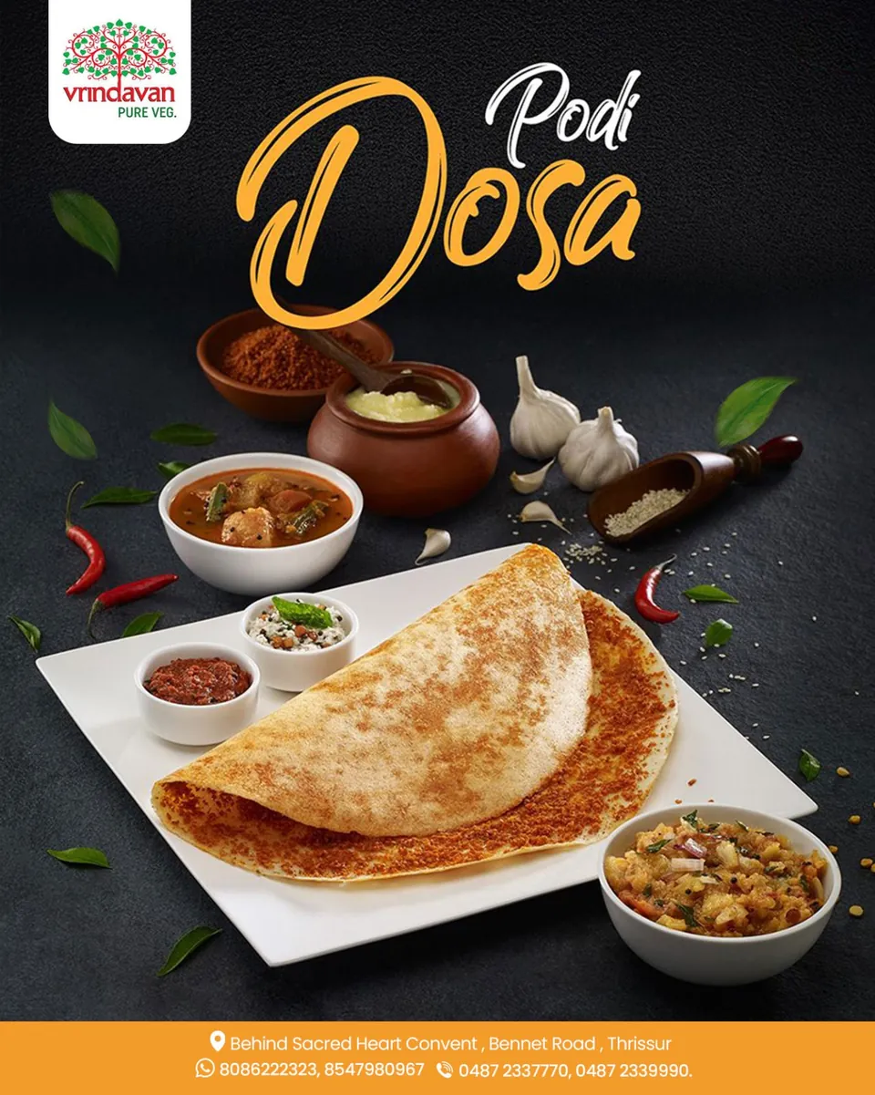 Vrindavan poster: podi dosa with chutneys on orange