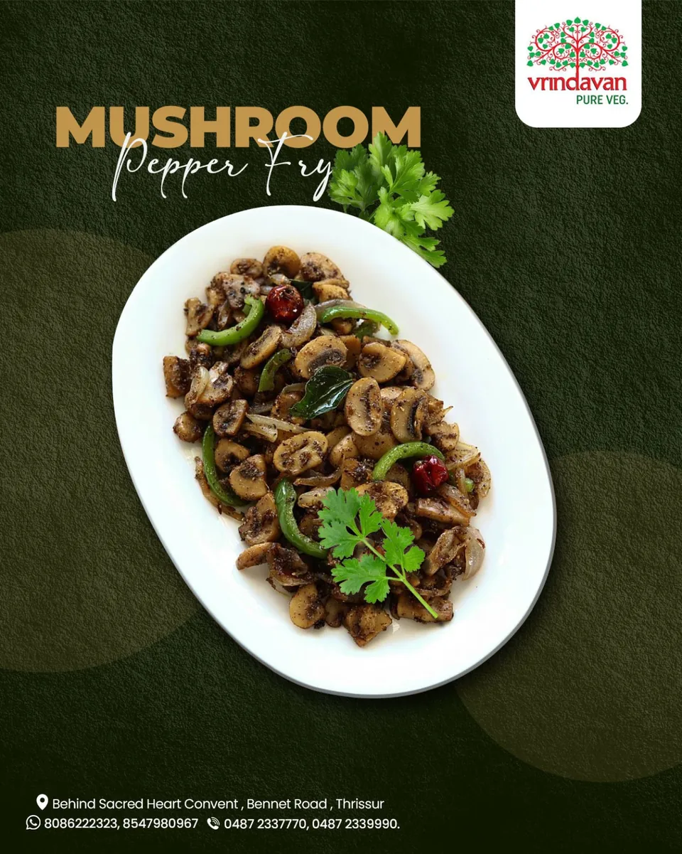 Vrindavan poster: mushroom pepper fry on a white plate