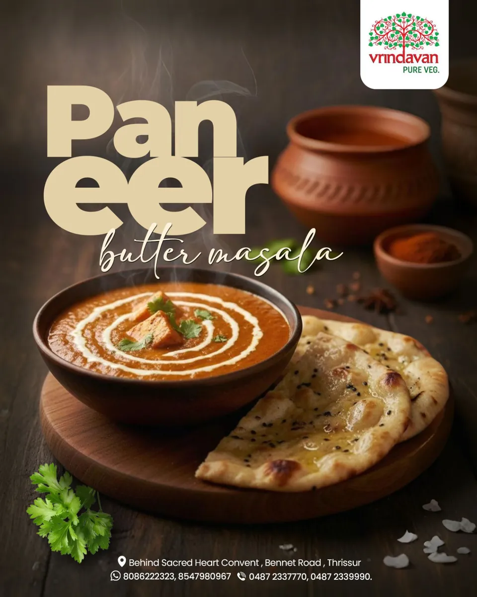 Vrindavan poster: paneer butter masala with naan, the word 'Paneer' in huge type