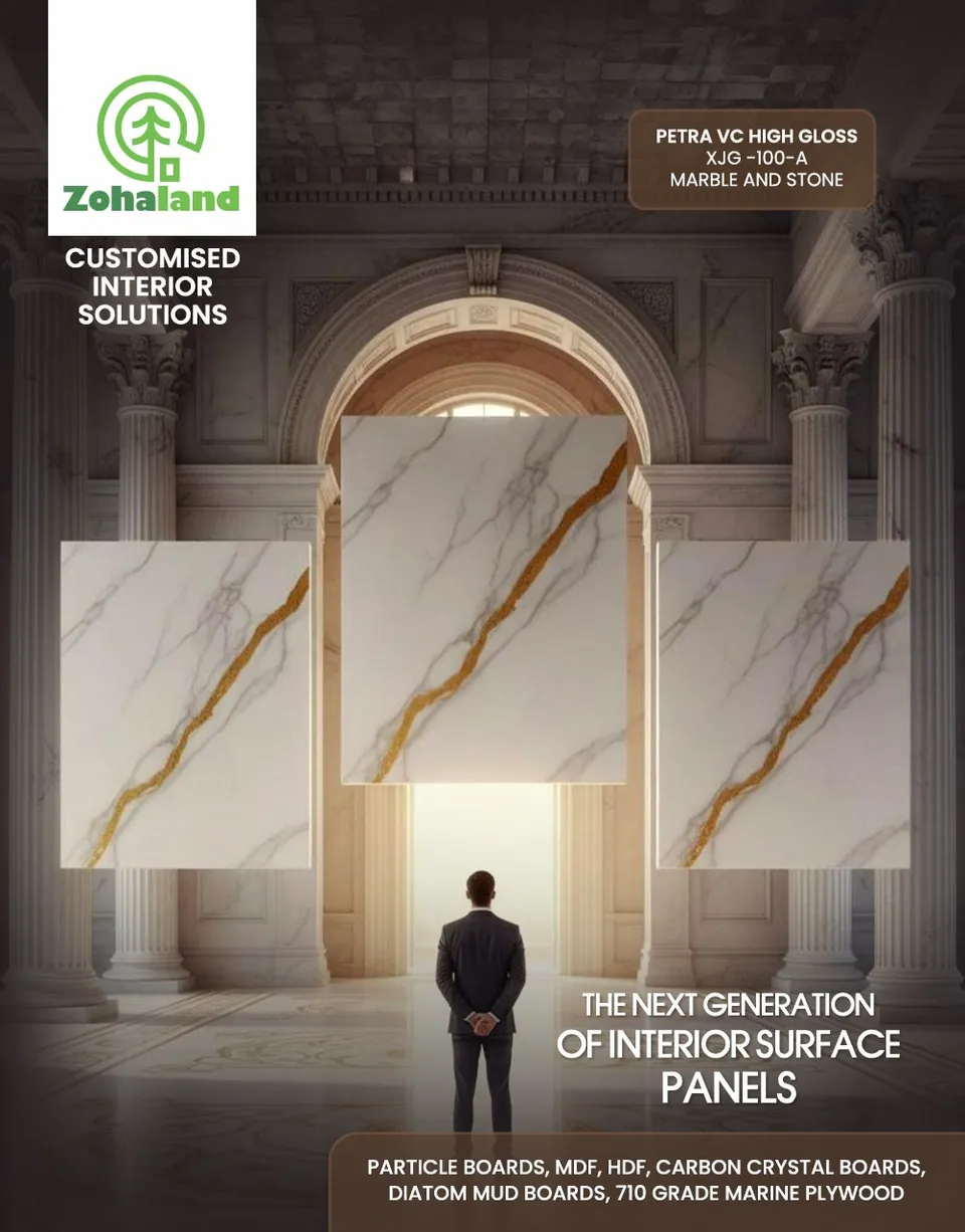 Zohaland poster: a figure in a marble archway, 'The next generation of interior surface panels'
